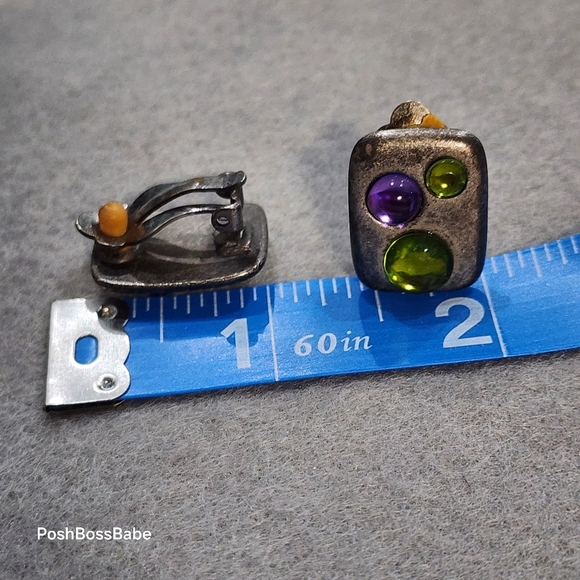 Vintage Clip-On Earrings | Green & Purple Cabochons on Oxidized Metal | ¾" - Picture 3 of 7